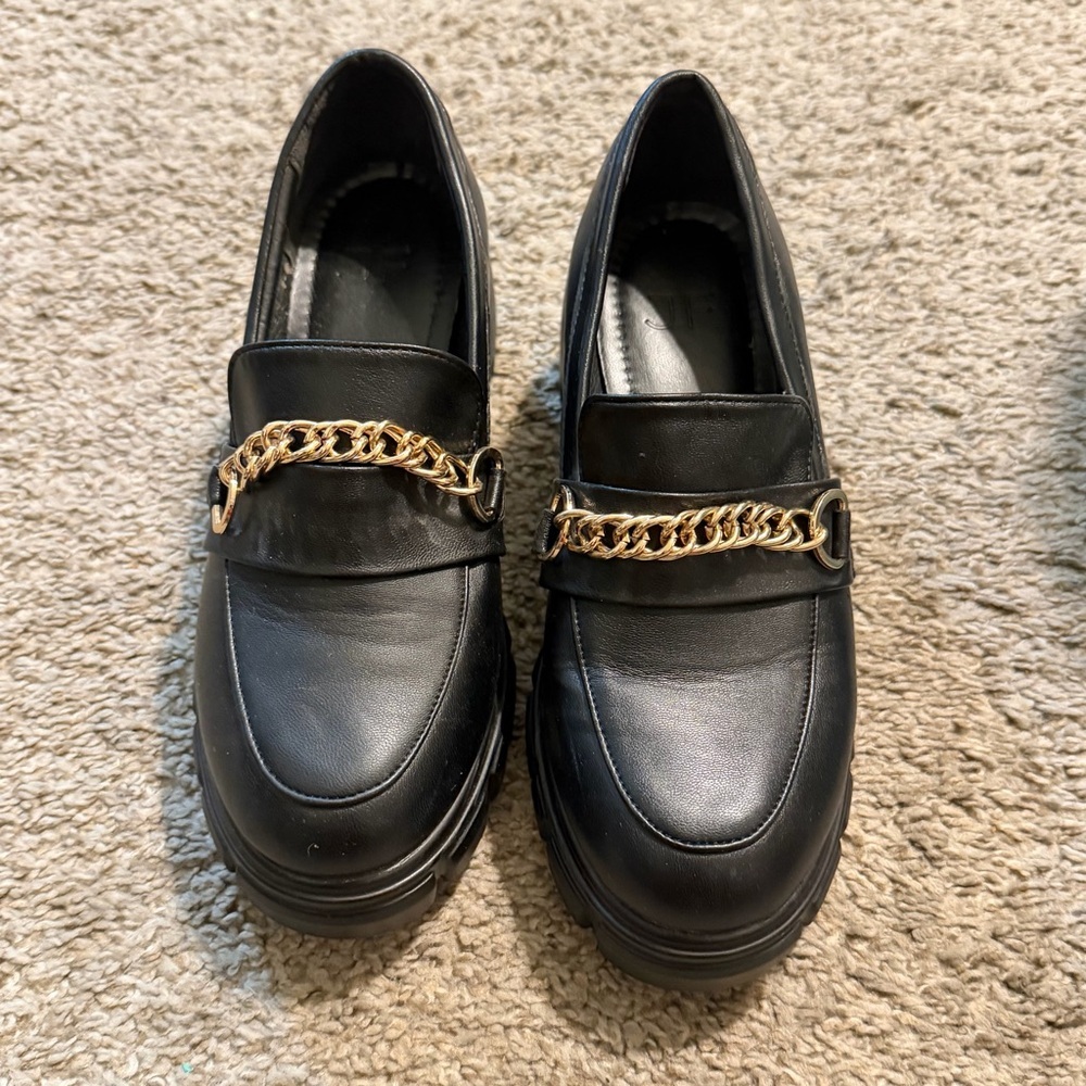 JF Black Loafers with Gold Chain Accent